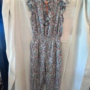 Collective Concepts Red and Blue Floral Jumpsuit with Ruffled Sleeves